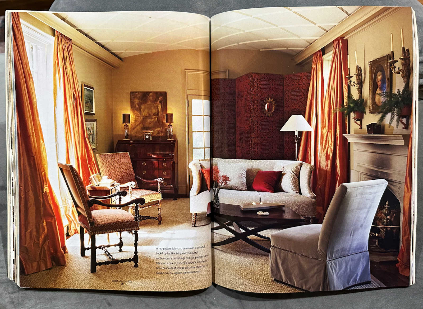 Living room with orange silk curtains from 2006. 