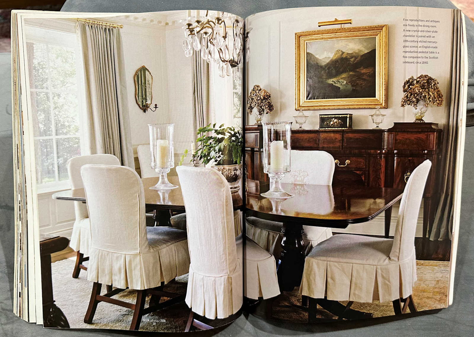 Dining room with skirted slipcover chairs and dark wood table. Is there such a thing as timeless dining room design?