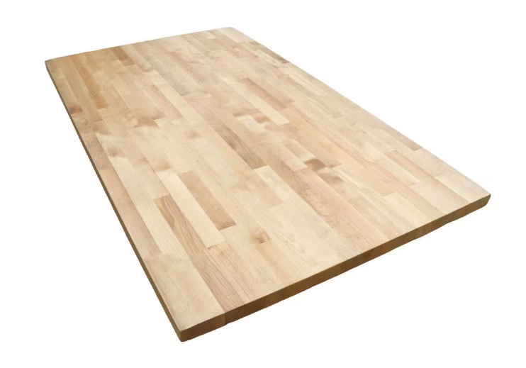 unfinished birch butcher block countertop from Home Depot, comes in lengths up to 10-foot