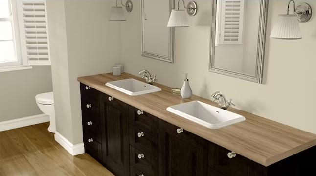 Wilsonart Fawn Cypress laminate shown in a bathroom as a vanity countertop