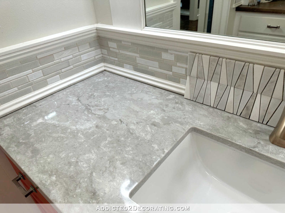 Guest bathroom mid-makeover with new Vicostone Elysian quartz countertop