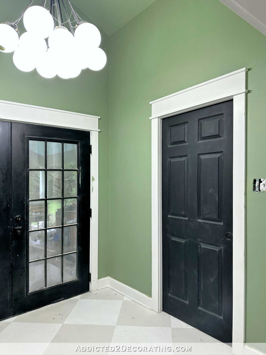 Studio back entry with new paint color on walls -- softer green in a custom mixed color