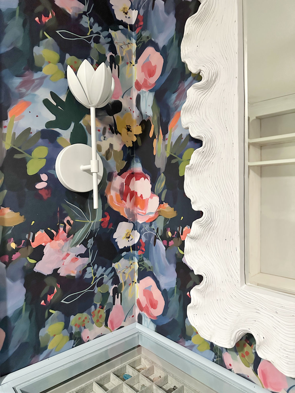 Walk-In Closet Progress – Wallpaper, Sconces, Mirror, and Trim