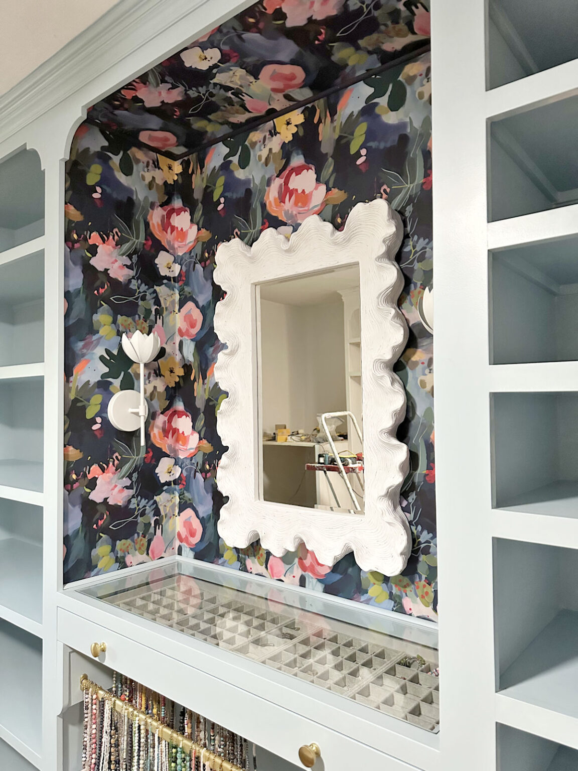Walk-In Closet Progress - Wallpaper, Sconces, Mirror, and Trim ... - Walk In Closet Wall Decor With Mirror
