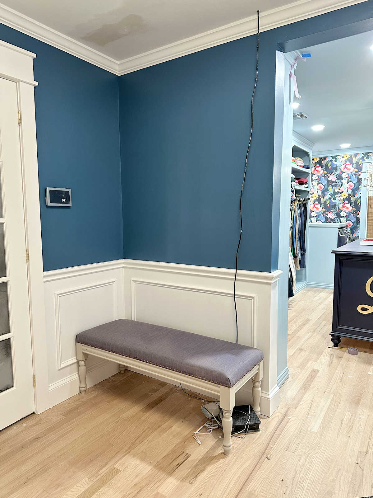 Foyer Details — Ceiling Light and Mirror Decisions, Sconces, and Upholstered Bench