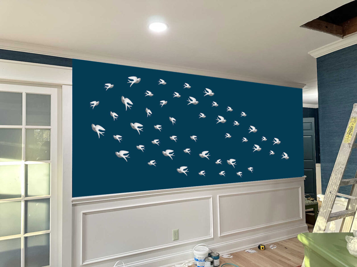 48 ceramic birds used as decoration on bedroom wall -- organic arrangement