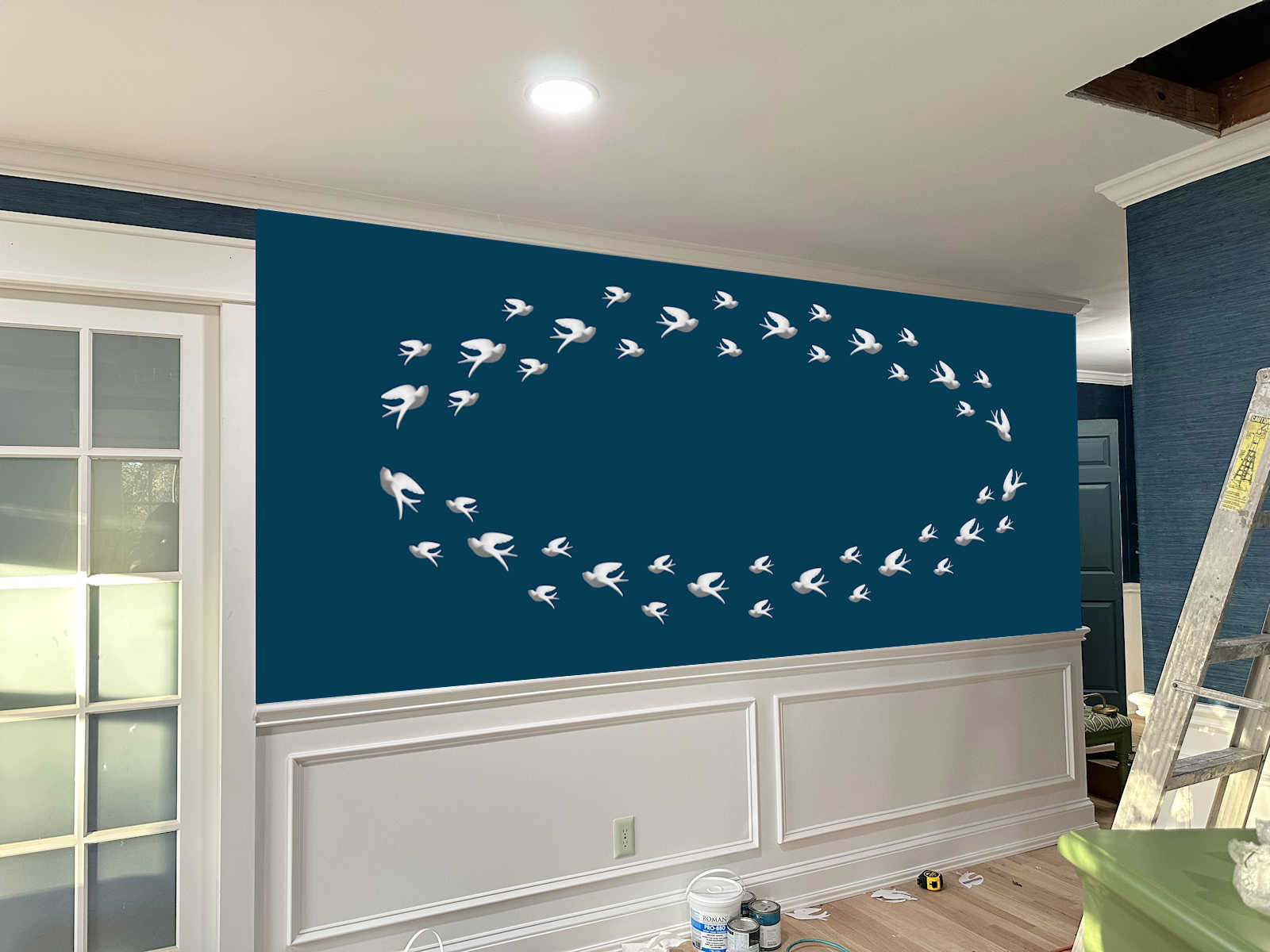 48 ceramic bird arrangement as art installation on bedroom wall