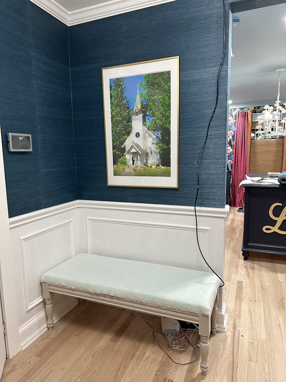 Foyer Progress — Reupholstered Bench And Artwork
