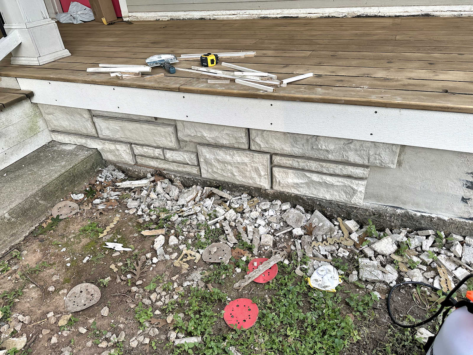 Front Porch Skirting Progress — Attaching Faux Concrete Stones To A Concrete Porch