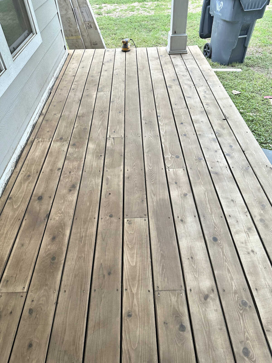 Cedar deck porch sanded and ready for new finish -- why I decided to paint instead of using sealer or stain