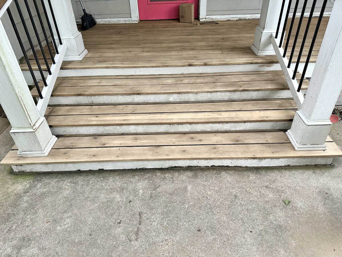 Cedar exterior steps sanded and ready for new finish -- why I decided to paint instead of using sealer or stain
