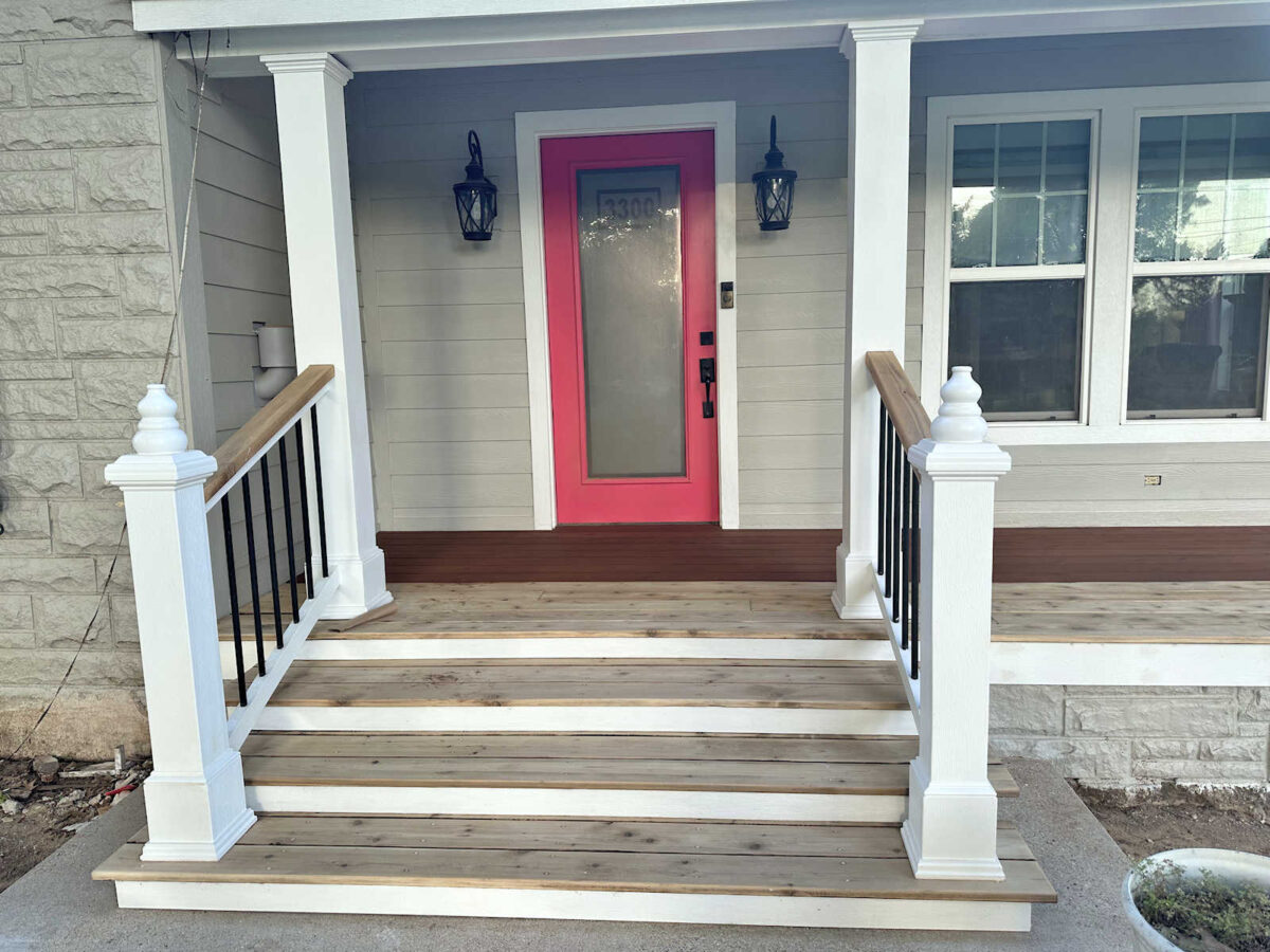 Authentic brown (dark brown) pine tar on cedar front porch