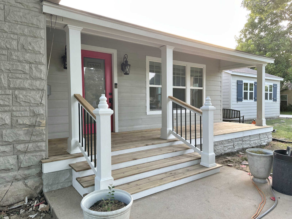 Cedar front porch sanded and prepped for pine tar and linseed oil application
