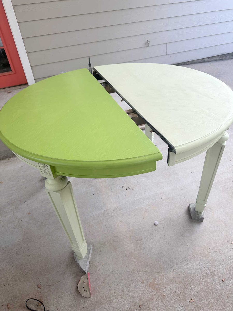 Sherwin Williams Stay In Lime paint color on a dining table. 