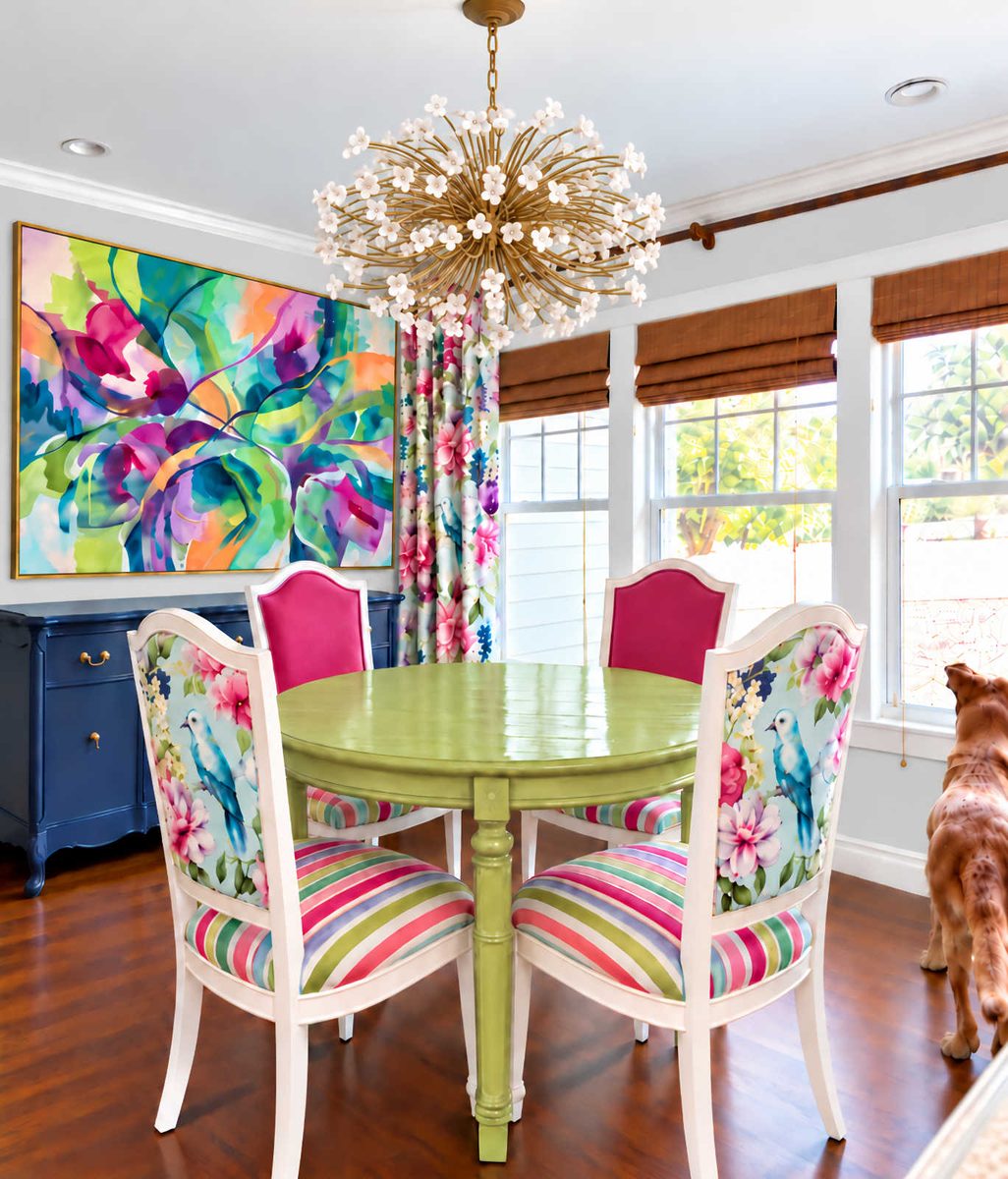 ChatGPT mockup of colorful dining room with large colorful abstract artwork