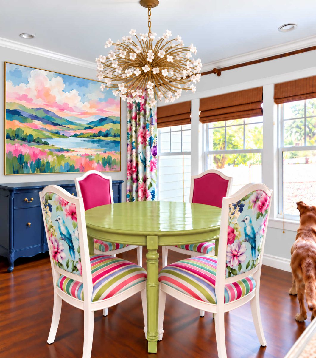 ChatGPT mockup of colorful dining room with large colorful landscape artwork